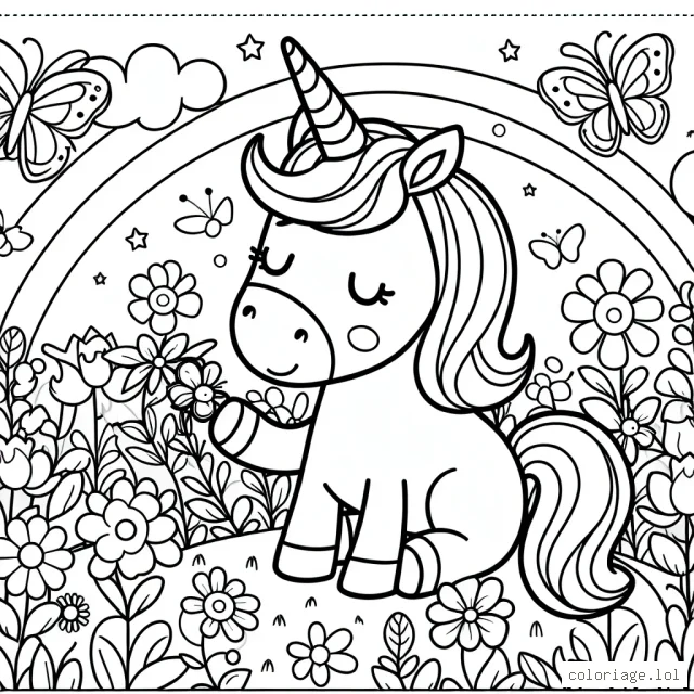Une gentille licorne dans un monde merveilleux entourée de fleurs et de papillons colorés