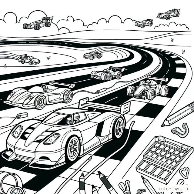 Imaginez un scénario de course de voitures passionnant et coloré. Utilisez toute votre créativité pour donner vie à une variété de voitures de course, des voitures classiques aux véhicules futuristes, sur un circuit de course rempli d'action. N'oubliez pas les pilotes, les spectateurs et même les pit stop pour des réparations rapides !