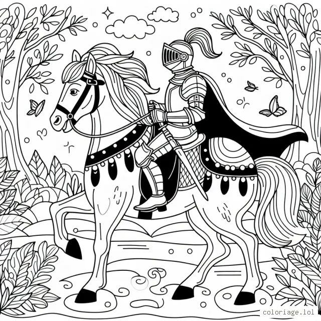 Un brave chevalier dans une armure brillante chevauche son destrier indompté à travers une forêt enchantée.