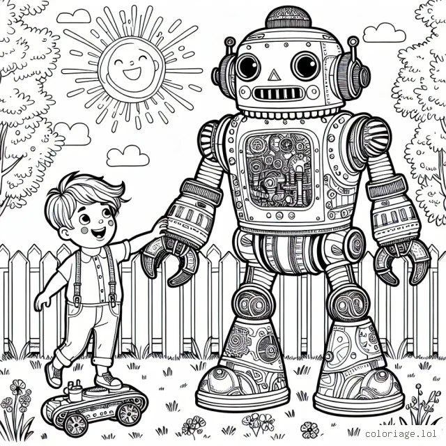 Un petit garçon joue avec un robot dans son jardin pendant une belle journée d'été. Le robot est grand et complexe, avec des tas de détails intéressants, pendant que le petit garçon a une expression joyeuse sur son visage.