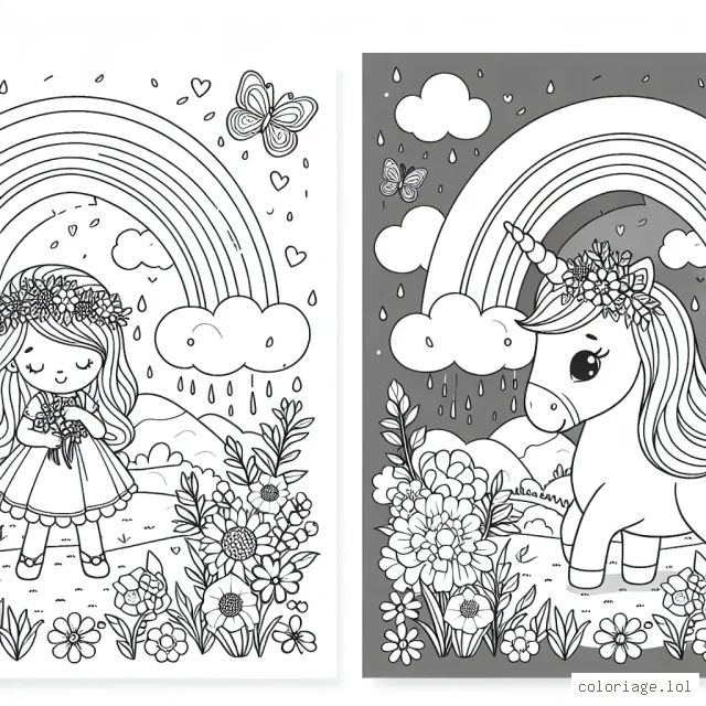 Un joli paysage féérique avec une licorne et une petite fille, jouant sous un arc-en-ciel entourées de fleurs et de papillons.