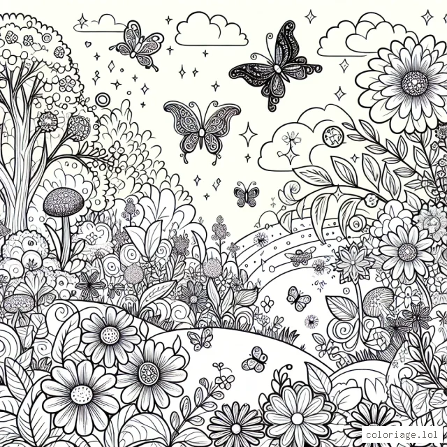 Imaginez que vous vous trouvez dans un magnifique jardin enchanté, rempli de belles fleurs scintillantes, de jolis papillons et de petites fées qui volent autour de vous. Il fait beau et ensoleillé. Prenez vos crayons et mettez des couleurs dans ce monde féerique!