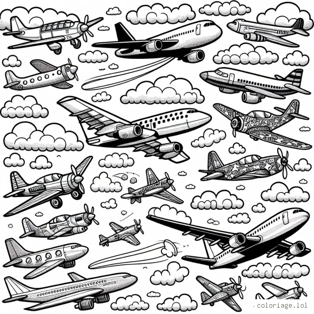 Imagine un ciel rempli d'avions de toutes formes et tailles. Certains sont des avions à réaction ultra rapides, d'autres sont d'anciens avions à hélice ou même des avions de sport acrobatiques. Il y a aussi un grand avion de passagers volant au-dessus des nuages. Colorie chaque avion avec des couleurs vives et intéressantes, faisant contraste avec le ciel bleu clair. Ne manque pas d'ajouter des détails tels que les logos sur les avions, les nuages qui passent ou même un arc-en-ciel.