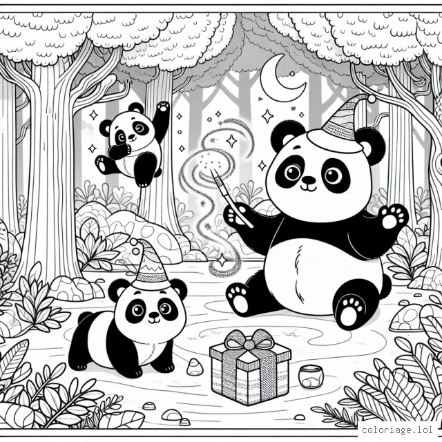 Un panda qui fait de la magie dans une forêt enchantée