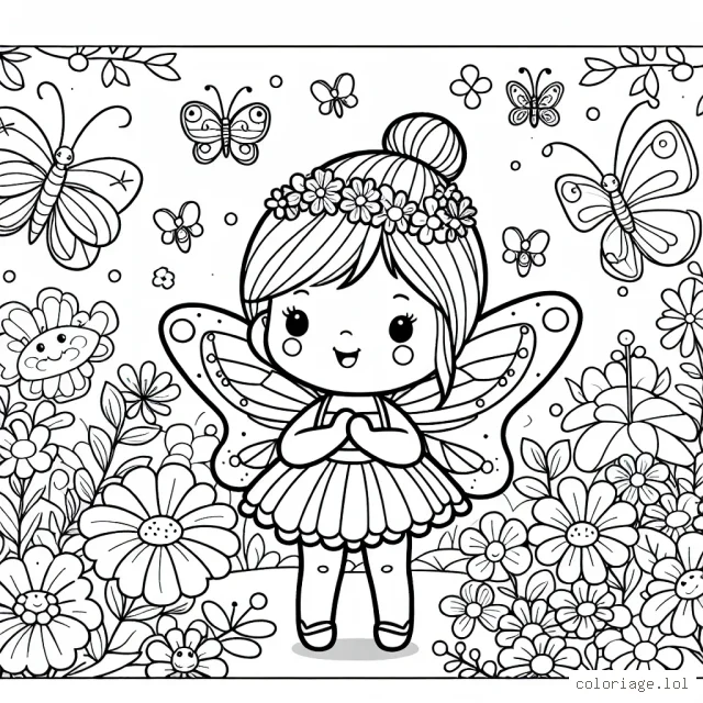 Une petite fée mignonne avec ses amis les papillons dans un jardin fleuri aux mille couleurs.