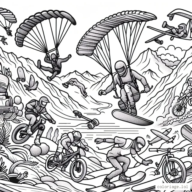 Il s'agit d'une scène vibrante d'activités sportives extrêmes que les enfants peuvent colorier. Les sports présentés dans l'illustration incluent le parachutisme, le surf, le vélo de montagne, le skateboard, le snowboard et l'escalade. Chaque sportif est capturé en pleine action, créant un sentiment d'excitation et de mouvement à travers la page.