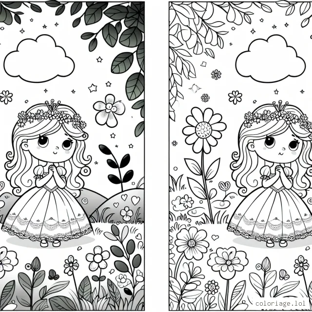 Une petite princesse entourée de belles fleurs dans un jardin enchanté.