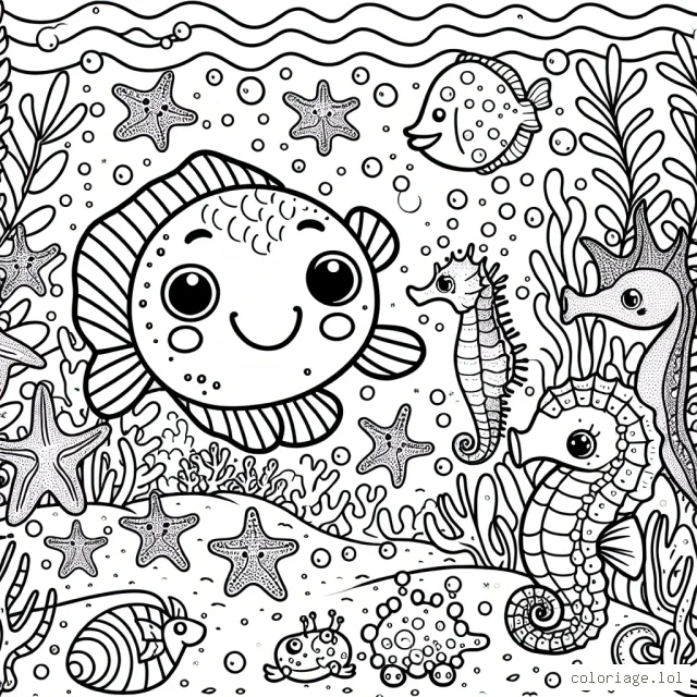 Un petit poisson jovial nageant à travers une forêt sous-marine féerique, entouré par des créatures marines merveilleuses comme les étoiles de mer souriantes, les hippocampes curieux et les crabes espiègles.
