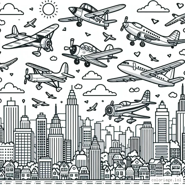 Des avions volant dans le ciel, avec plusieurs types d'avions différents, des jets de combat modernes à l'avion à hélice classique. Ces avions volent au-dessus d'une ville animée, avec des gratte-ciel, des maisons, des parcs et peut-être même un aéroport. Les enfants peuvent également colorier le soleil, les nuages, l'arc-en-ciel et les oiseaux dans le ciel.