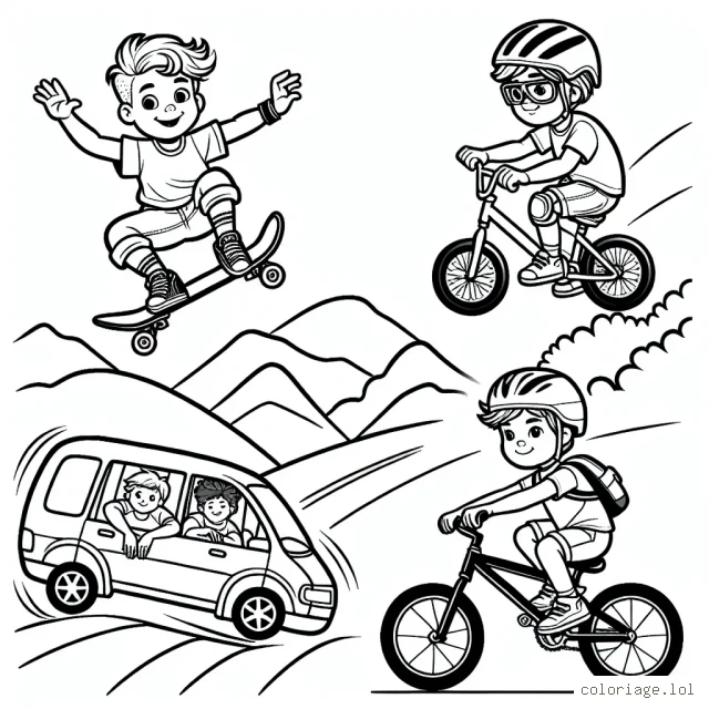 Dessinez un garçon en skateboard sautant au dessus d'une voiture, un autre sur un bmx effectuant une figure aérienne et une jeune fille dévalant une pente raide en VTT.