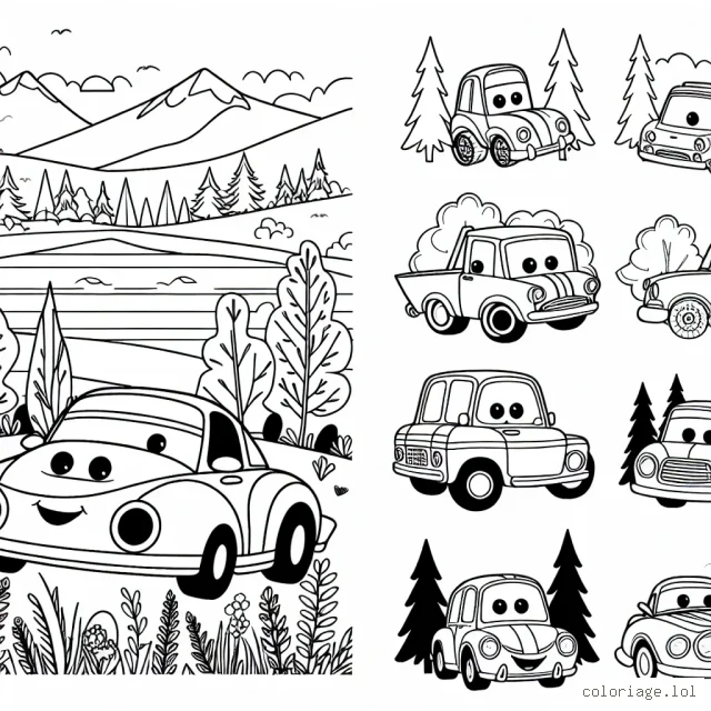 Une course de voitures animées avec différents paysages en arrière-plan