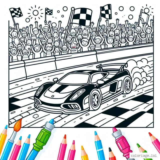 Dessine une course animée de voitures de sport sur un circuit animé avec un public enthousiaste.