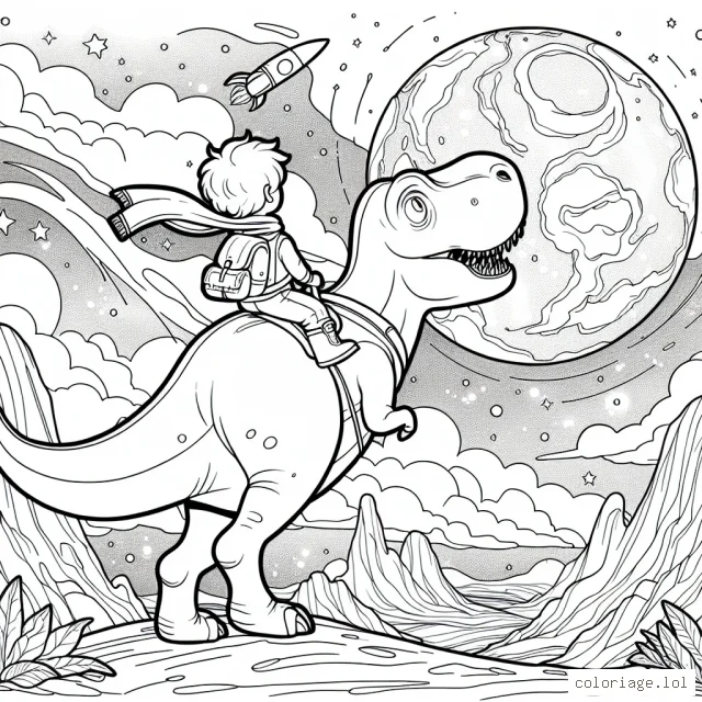 Dessine une scène d'aventure surréaliste avec un petit garçon courageux qui voyage au centre de la Terre sur le dos d'un dinosaure géant.
