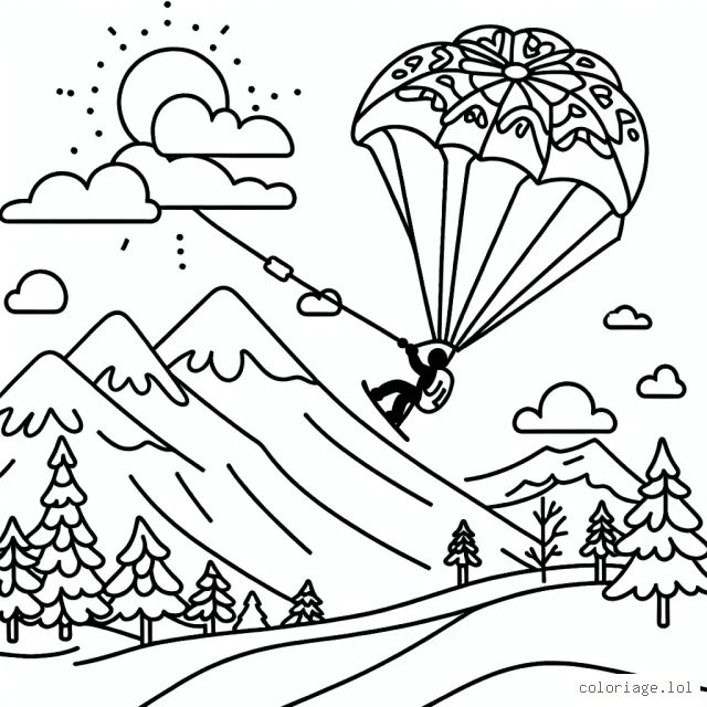 Dessine un paraskieur survolant une chaîne de montagnes enneigées avec un cerf-volant coloré