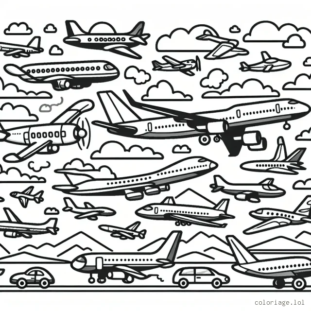 Cela représente une scène aérienne animée comprenant plusieurs types d'avions, allant du petit avion sportif au grand avion de passagers.