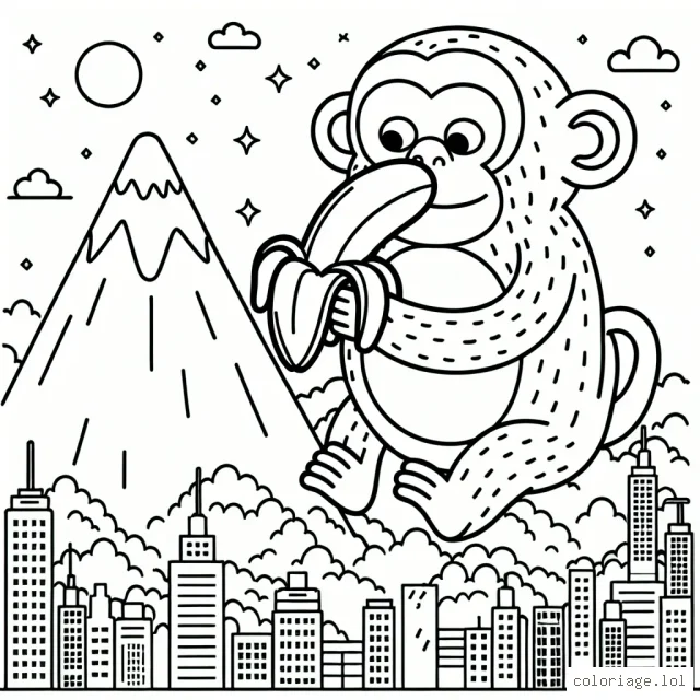 Un singe géant sur une montagne qui mange une immense banane tout en regardant une ville animée