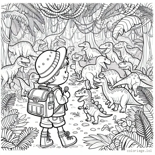 Un petit garçon intrépide explorant une jungle pleine de dinosaures, avec un sac à dos rempli de gourmandises pour partager avec ses nouveaux amis préhistoriques