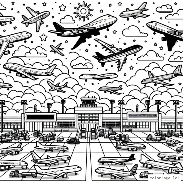Un aéroport rempli d'avions de différentes formes et tailles, à la fois au sol et dans le ciel.
