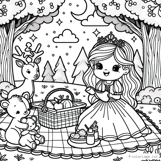 Une petite princesse s'amuse à pique-niquer avec ses amis les animaux dans une clairière enchantée.