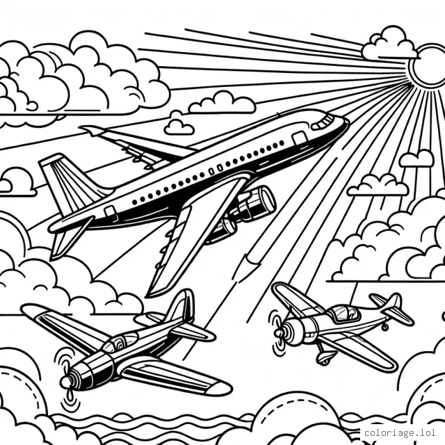 Le ciel est rempli d'avions volant haut, prêt pour un voyage aérien! L'un d'eux est un gros avion à réaction, volant au-dessus des nuages. Il y a aussi un petit avion à hélice, volant plus bas mais tout aussi rapidement. Pour compléter ce tableau aérien, il y a un avion de chasse agile, prêt pour une démonstration aérienne. N'oubliez pas d'ajouter de la couleur à ce ciel ensoleillé et à ces avions brillants!