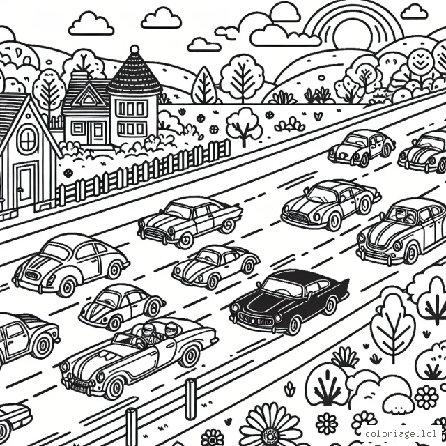 Dessinez une parade de voitures anciennes, modernes et futuristes sur une route panoramique en plein été.