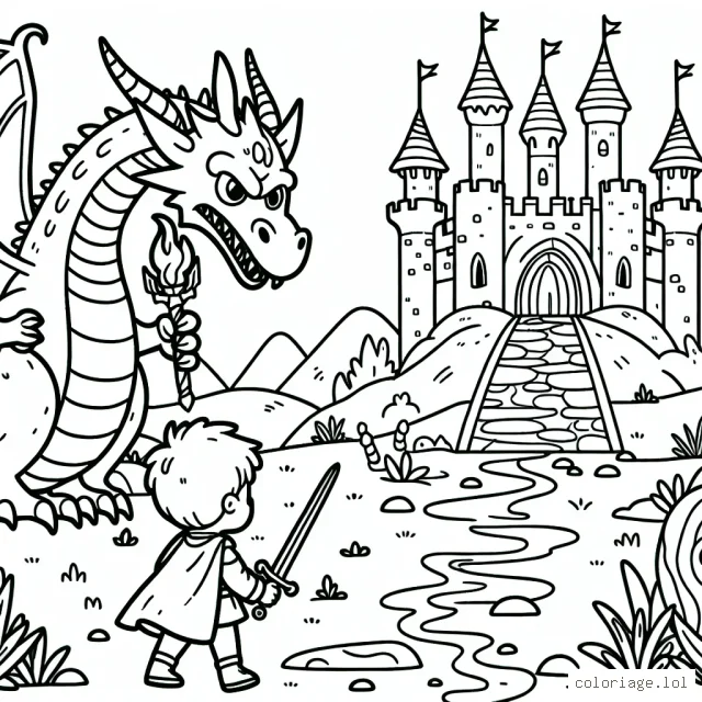 Un petit garçon courageux se prépare à combattre un dragon féroce dans un royaume fantastique plein de tours et de châteaux.