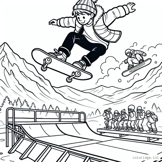 Une scène détaillée d'un jeune skateur accomplissant une figure incroyable sur une rampe dans un parc à skateboard, avec en arrière-plan, des snowboarders qui descendent une montagne enneigée.