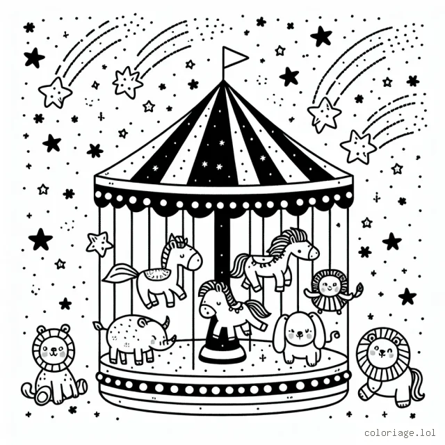 Imagine un dessin de farandole d'animaux dansant sous une pluie d'étoiles filantes.
