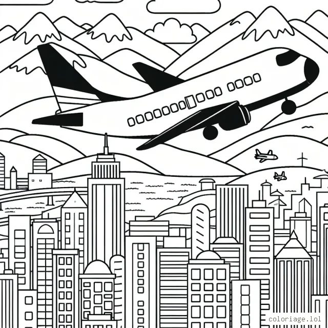 Une esquisse d'avion à réaction volant sur une ville animée avec des montagnes en arrière-plan