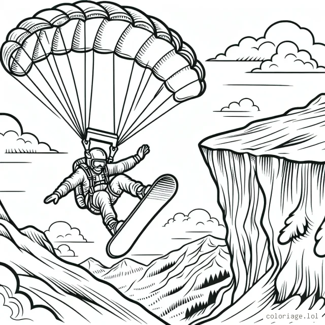 Dessine un parachutiste qui saute d'une falaise élevée avec sa planche de snowboard prêt pour une descente extrême.