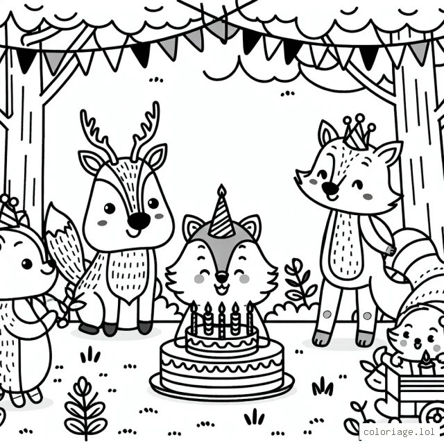 Imagine des animaux de la forêt qui organisent une fête d'anniversaire pour l'un de leur amis