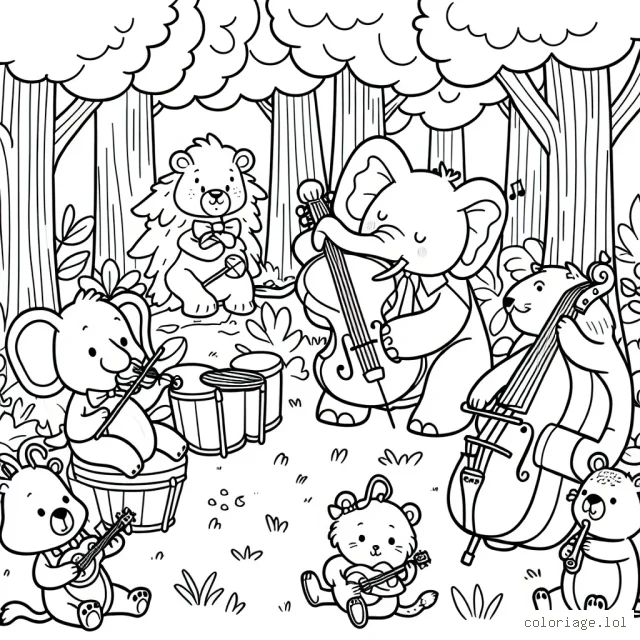 Un groupe d'animaux musiciens réalisant un concert dans la forêt