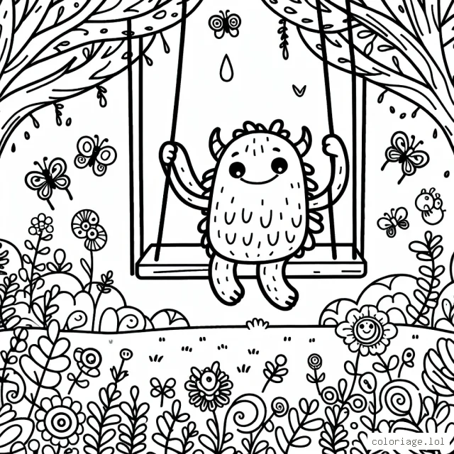 Imagine et dessine un gentil monstre qui joue à la balançoire dans un parc magique, entouré de papillons colorés et de fleurs étranges.