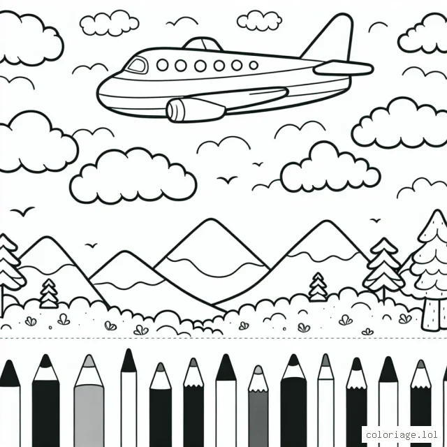 Un avion qui vole dans les nuages avec des montagnes et arbres en arrière-plan.