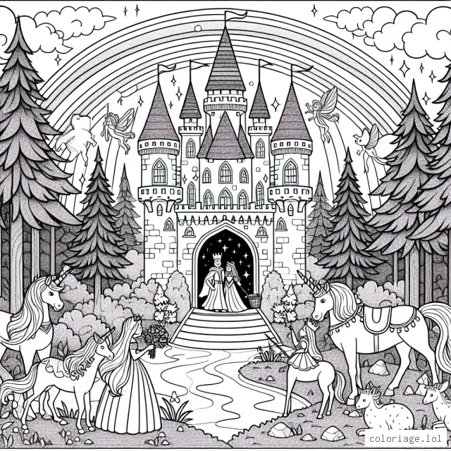 Un château majestueux niché au cœur de la forêt enchantée, entouré de licornes, de fées et d'animaux parlant tous ensemble. Un bel arc-en-ciel qui jette une lumière magique sur la scène. Le roi et la reine reçoivent les royaumes voisins pour un grand festin.