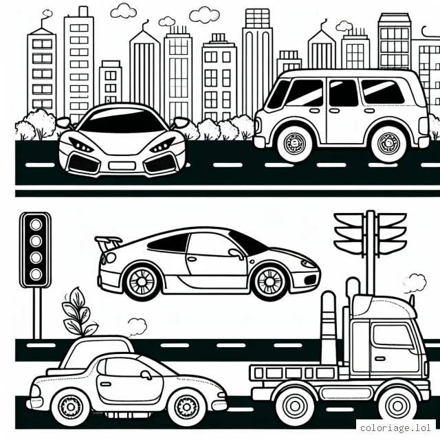 Image représentant trois types de voitures - une voiture de sport, une voiture familiale et un camion - dans un paysage animé de la ville avec des feux de circulation et des panneaux de signalisation