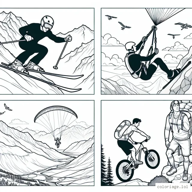 Imagine et dessine un paysage montagneux avec des sportifs extrêmes pratiquant diverses activités. Il y a un skieur freeride descendant à toute vitesse, un parapentiste volant au-dessus des sommets, un grimpeur escaladant une paroi rocheuse, et un vététiste sur un sentier sinueux.