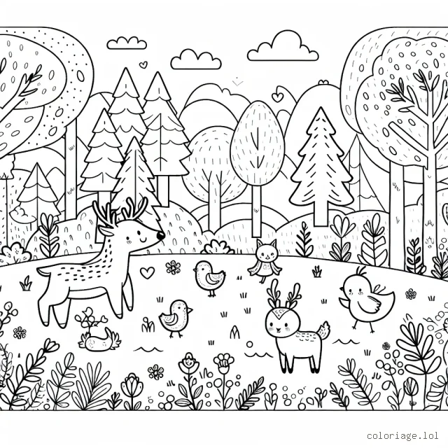 Un paysage d’automne dans une forêt enchantée avec des animaux s’amusants