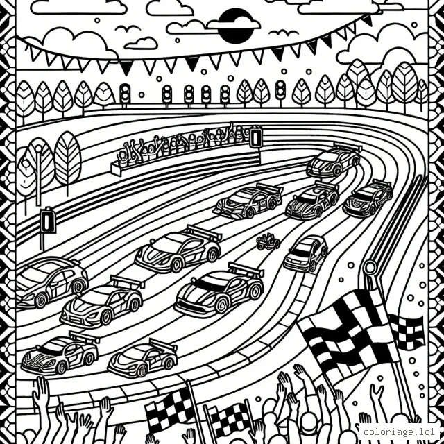 Dessine une scène de course automobile sur un circuit avec de nombreux détails : voitures de différentes formes et couleurs, spectateurs applaudissant, feux de signalisation, arbres et ciel
