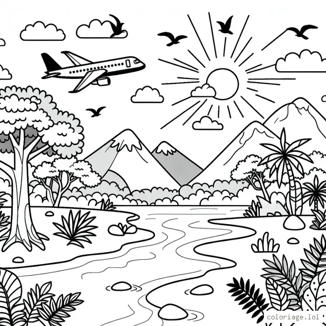Un avion de ligne survolant un paysage exotique avec des montagnes, des arbres et un fleuve. Des oiseaux sont également présents dans le ciel.