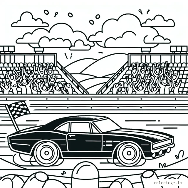 Élabore un dessin avec une voiture de course filant à toute allure sur une piste, sous un ciel bleu parsemé de quelques nuages. Il y a également des gradins remplis de supporters enthousiastes agitant des banderoles colorées.