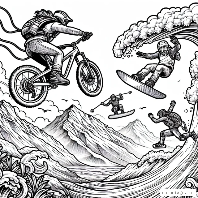 Imaginez et coloriez une scène palpitante de sports extrêmes, avec un freerider dévalant une montagne escarpée en VTT, deux base jumpers se jetant dans le vide depuis une falaise, un surfeur affrontant une vague gigantesque et une skieuse freestyle réalisant un superbe saut en hauteur.