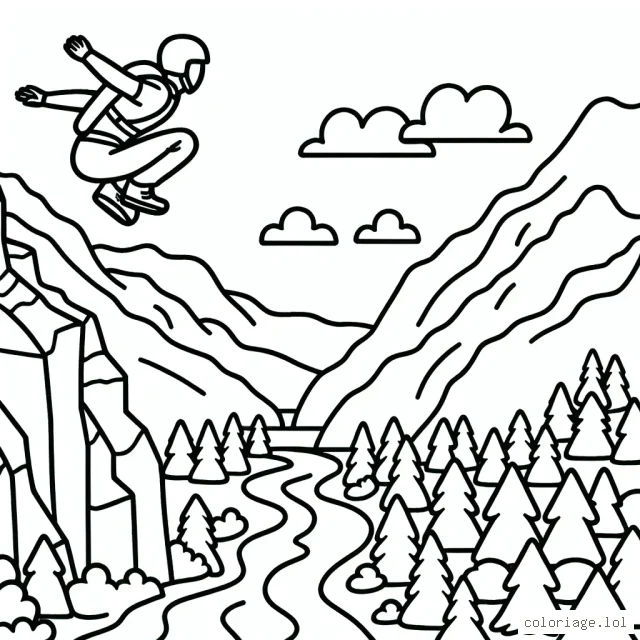 Un parachutiste pratiquant le base-jump depuis un sommet rocheux, avec une forêt en fond et une rivière qui serpente.