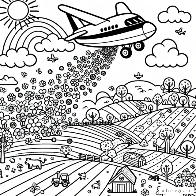 Un avion survole la campagne et lance des fleurs colorées sur le monde en dessous. Il y a des champs, des fermes, des animaux et des arbres. Le soleil brille, il y a des nuages et un arc-en-ciel apparaît dans le ciel.