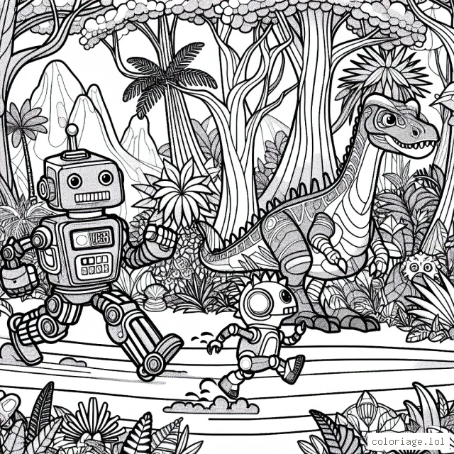 Un robots et dinosaures qui se livrent une course endiablée dans une jungle mystérieuse, peuplée d'arbres géants, de fleurs exotiques et de multitudes d'animaux.