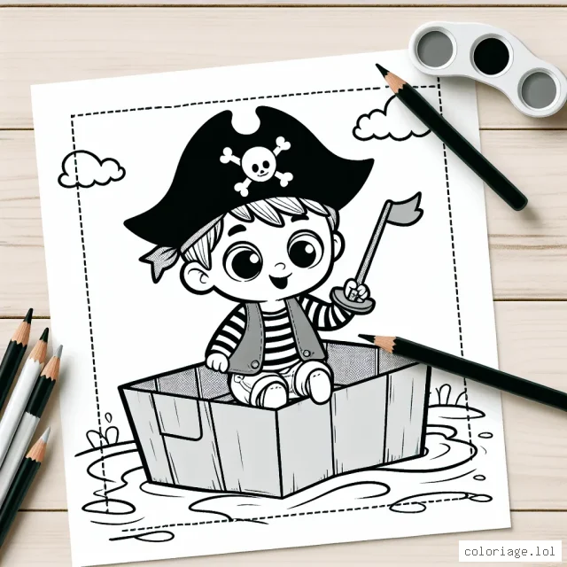 Un petit garçon jouant au pirate sur son bateau en bricolage