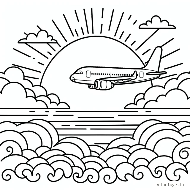 Dessine un avion passager volant au-dessus des nuages avec le soleil couchant en arrière-plan