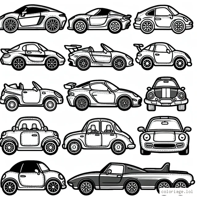 Coloriage détaillé montrant différentes marques de voitures, y compris Ferrari, Renault, BMW, et autres marques notoires. Vous trouverez des voitures de sport, des voitures classiques et des voitures familiales à colorier.