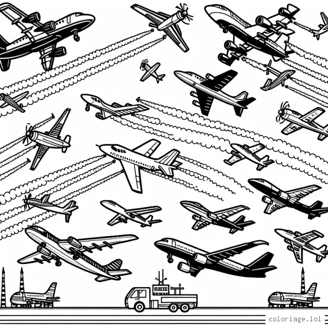 Un spectacle aérien avec différents types d'avions dans le ciel, certains sont en train de réaliser des figures acrobatiques, d’autres volent en formation. Il y a aussi au sol des avions prêts à décoller que les enfants peuvent colorer selon leurs envies.