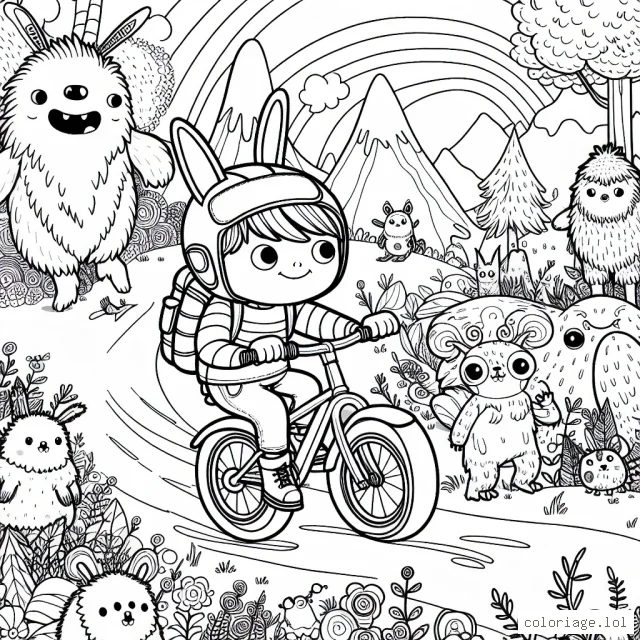 Un petit garçon très courageux, sur son vélo, traverse un décor fantastique rempli de créatures amicales.